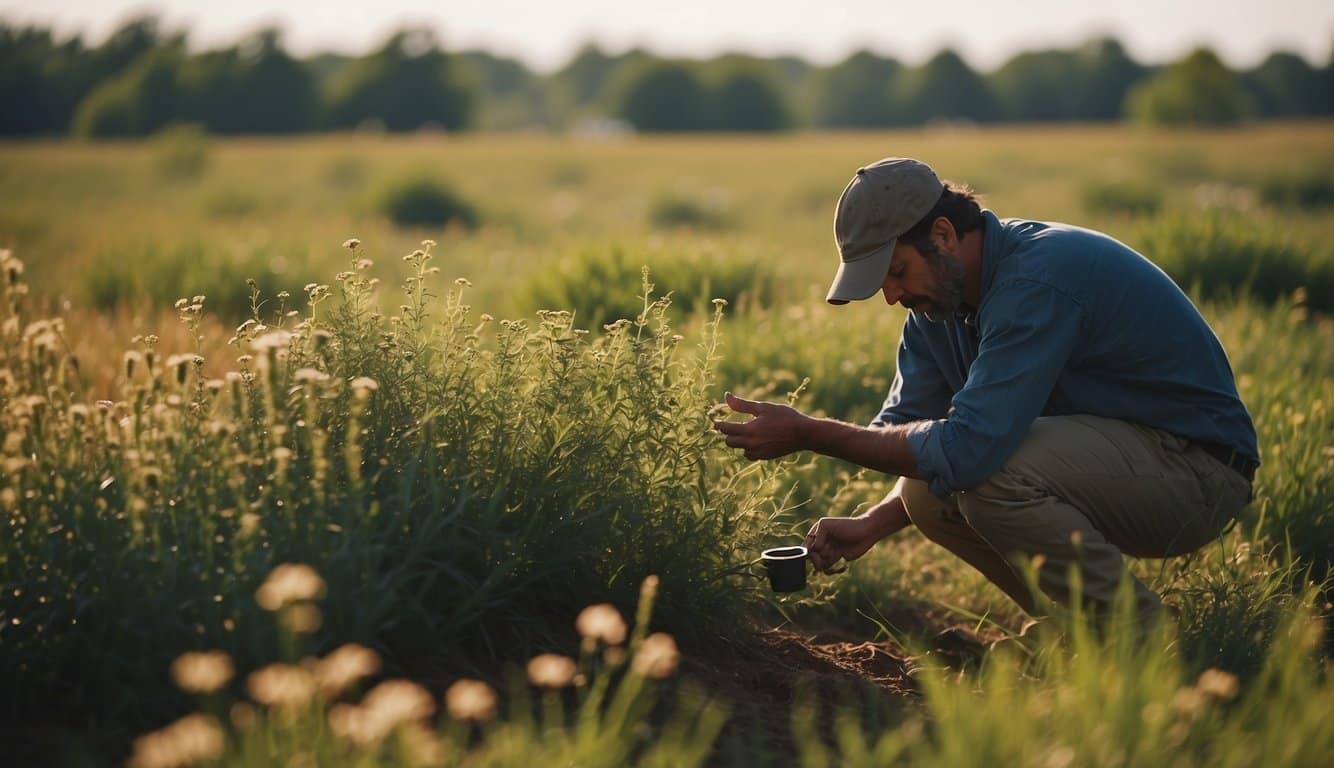 A person selects and plants native prairie plants in an Illinois landscape