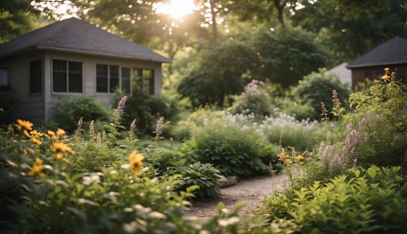 A lush Illinois yard teeming with native plants, bird feeders, and water sources. Wildlife roams freely in the diverse, wildlife-friendly landscape