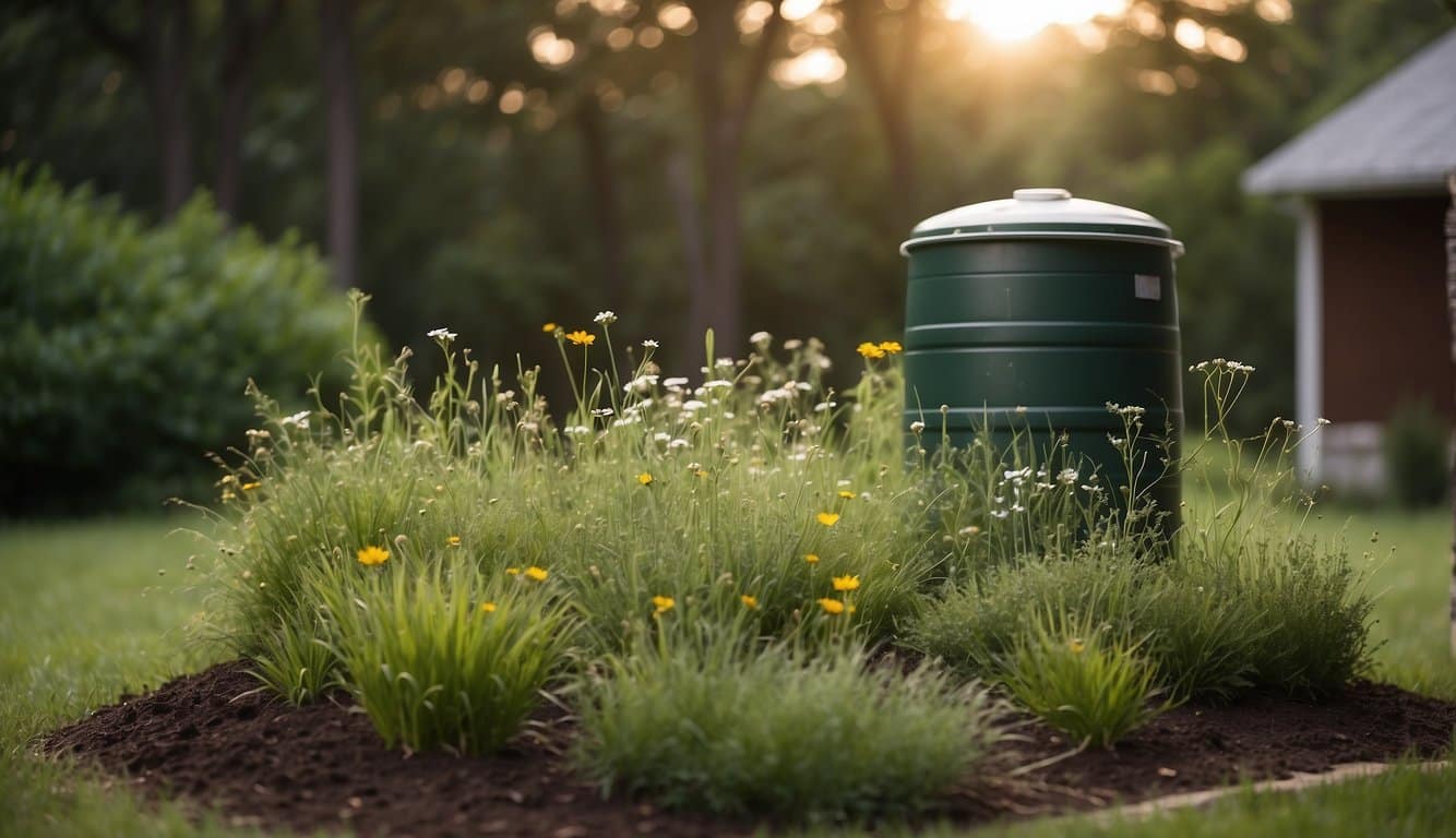 A lush, green lawn of native grasses and wildflowers, surrounded by mature trees and shrubs. A rain barrel collects water from the downspout, and a compost bin sits in the corner