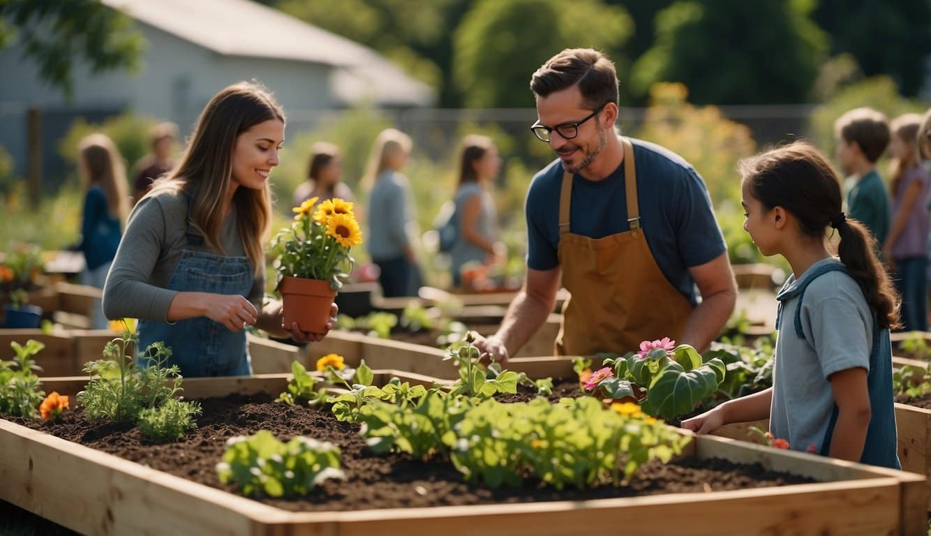 A group of students tend to raised garden beds, surrounded by colorful flowers and vegetables. A teacher leads a lesson on plant care and sustainability