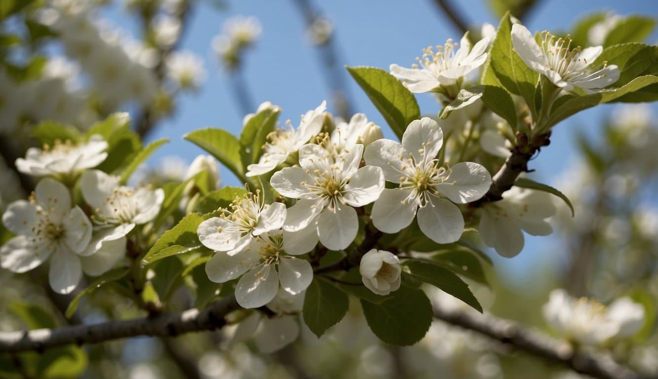 Apple trees bloom with delicate white flowers, attracting buzzing bees and fluttering butterflies. Pollen is carried from one blossom to another, ensuring self-pollination