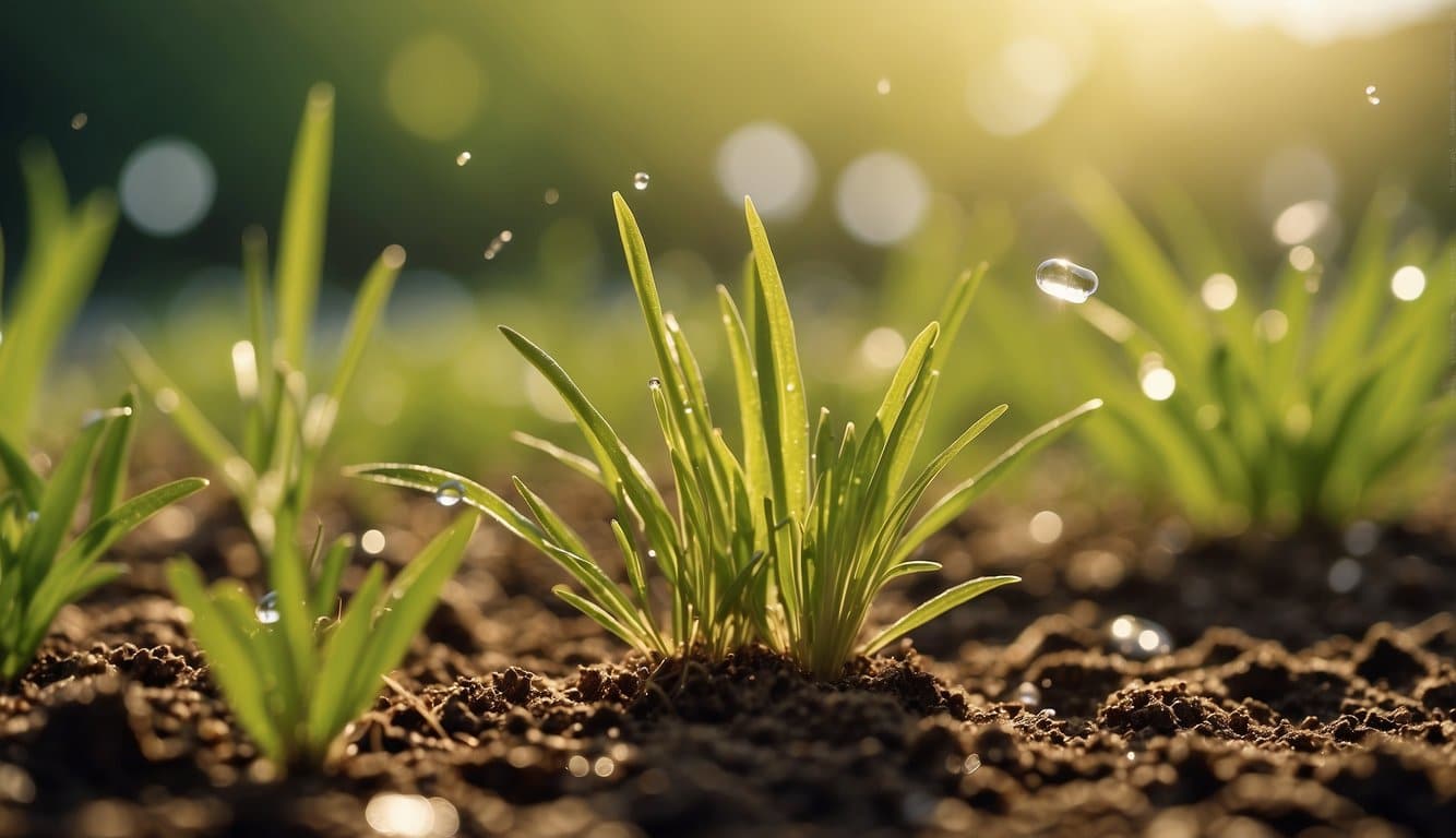 A bright sunny day with fertile soil, water droplets, and grass seeds scattered on the ground. Sunlight and moisture contribute to the germination process
