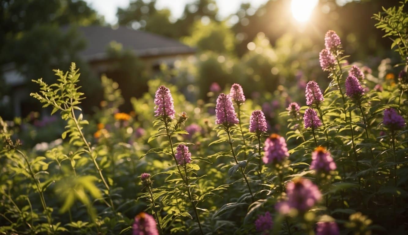 Lush Illinois garden with native plants in bloom. Sunlight filters through trees, highlighting the vibrant colors of the flowers. Bees and butterflies flit from plant to plant, showcasing the ecological benefits of native flora