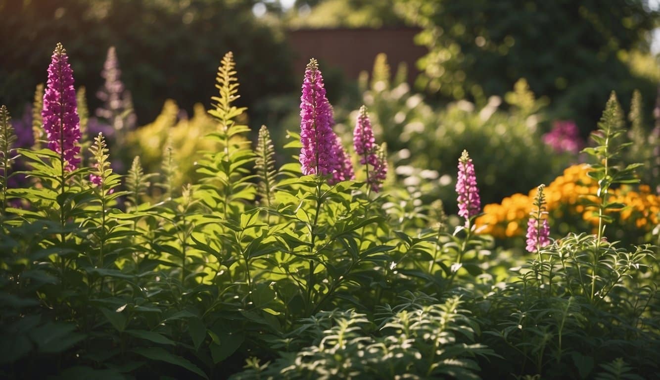 Lush garden with native perennials thriving in Illinois climate. Sunlight filters through the foliage, highlighting vibrant colors and diverse textures