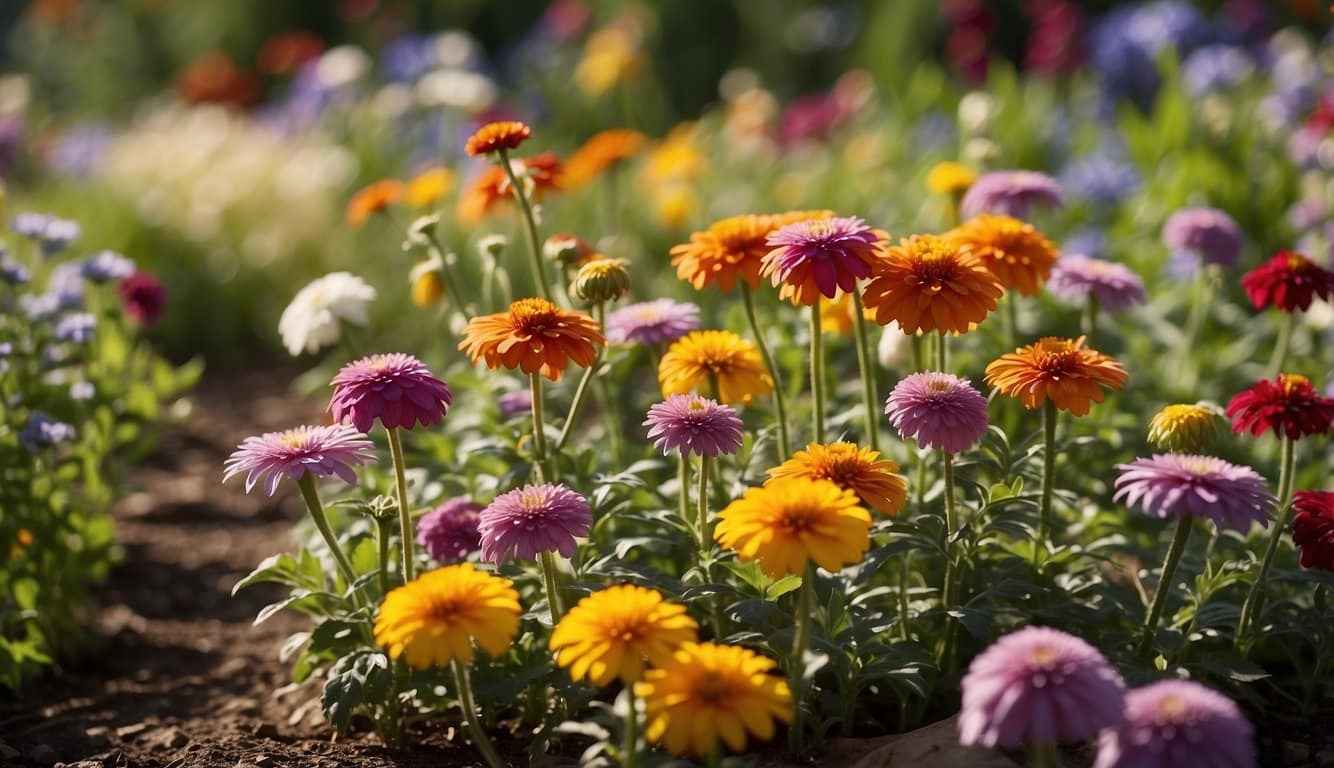 A garden bed with 8 vibrant annual flowers, each labeled with its name and thriving in the warm Illinois summer sun