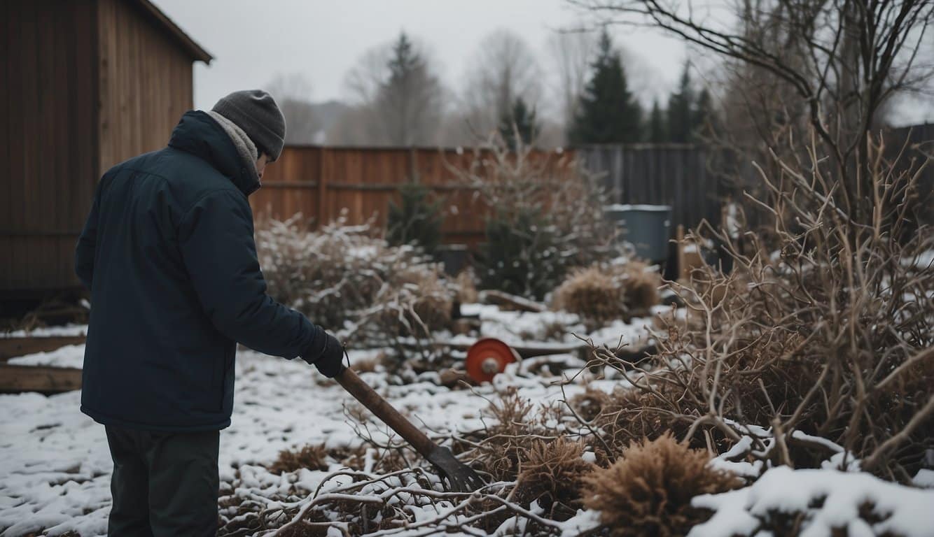 A backyard with dead plants, broken branches, and snow-covered ground. A person inspecting the damage, holding gardening tools. A shed in the background