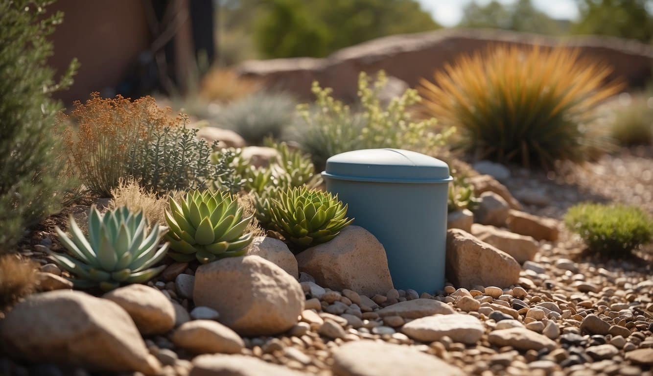 A dry, arid landscape with native plants like prairie grasses and succulents. Mulch and rocks cover the ground, with a rain barrel collecting water from the downspout