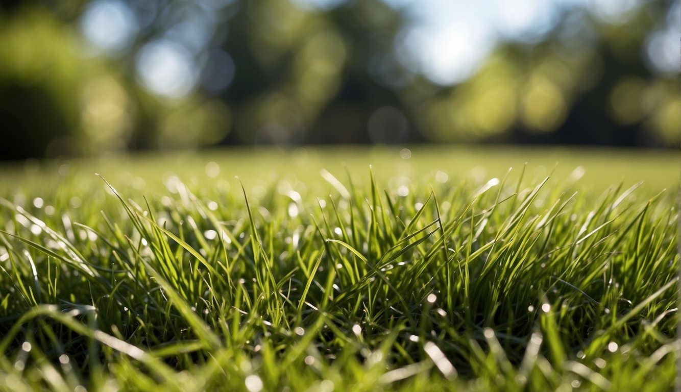A lush lawn with five different types of grass, labeled as the top choices for Illinois lawns, each with its own distinct characteristics and colors