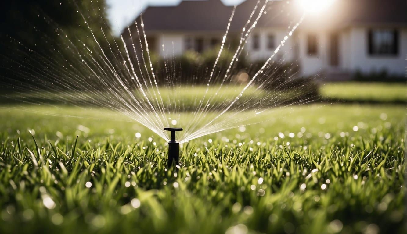 A sprinkler system evenly waters a lush green lawn on a sunny Illinois summer day