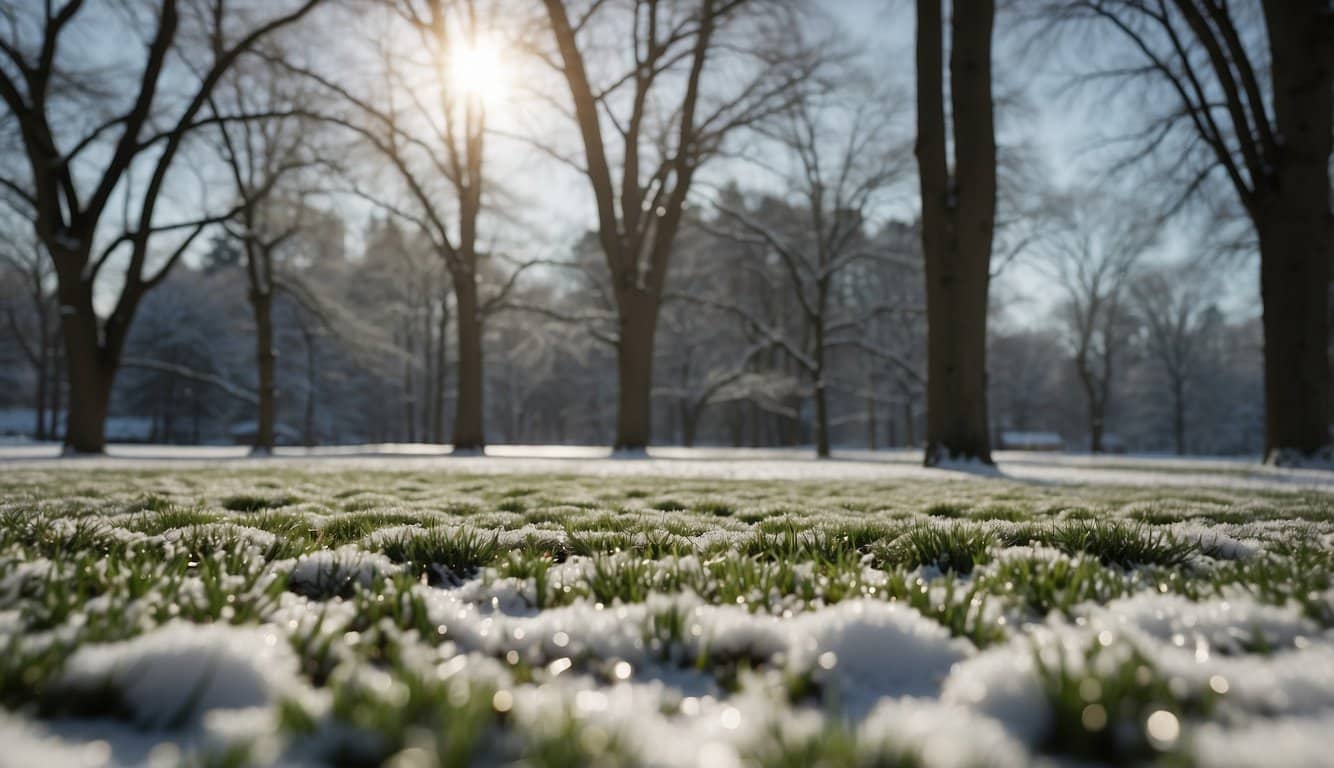 Snow-covered lawn with a few patches of exposed grass. A person spreading winter fertilizer and de-icing salt. Leafless trees in the background