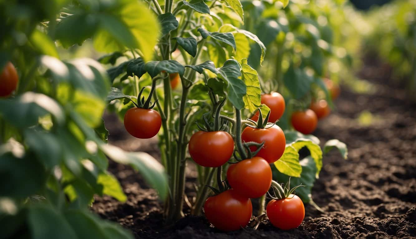 A lush garden in Illinois with rows of thriving vegetables like tomatoes, peppers, and cucumbers. The sun is shining, and the plants are healthy and vibrant