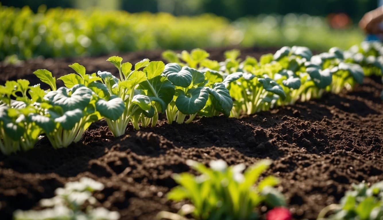 A sunny Illinois garden with rich, dark soil and a variety of vegetables growing in neat rows, surrounded by lush green foliage and colorful flowers