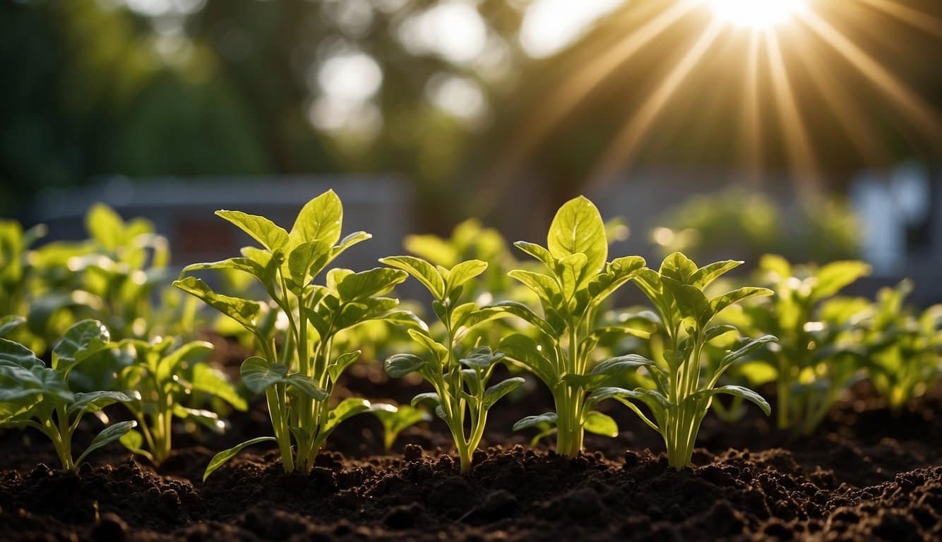 The sun shines down on rich, dark soil in Illinois. Green plants thrive in the warm, humid climate. Rain showers water the garden, while the soil provides essential nutrients for organic growth