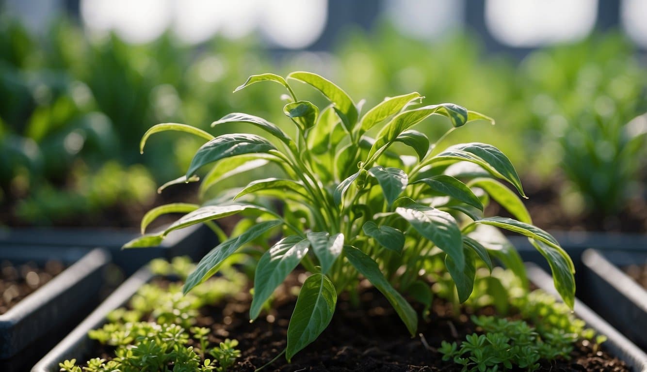 A healthy plant surrounded by diseased plants, with visible symptoms like wilting and discoloration. A chart or guide on combating plant diseases is nearby