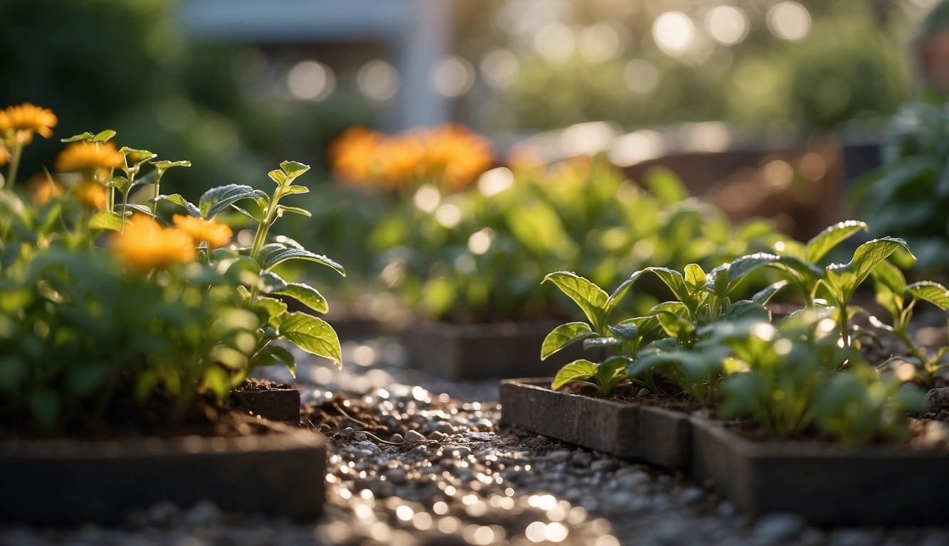 The scene shows changing weather in Illinois, with sun, rain, and snow. A garden with resilient plants adapts to the variable climate