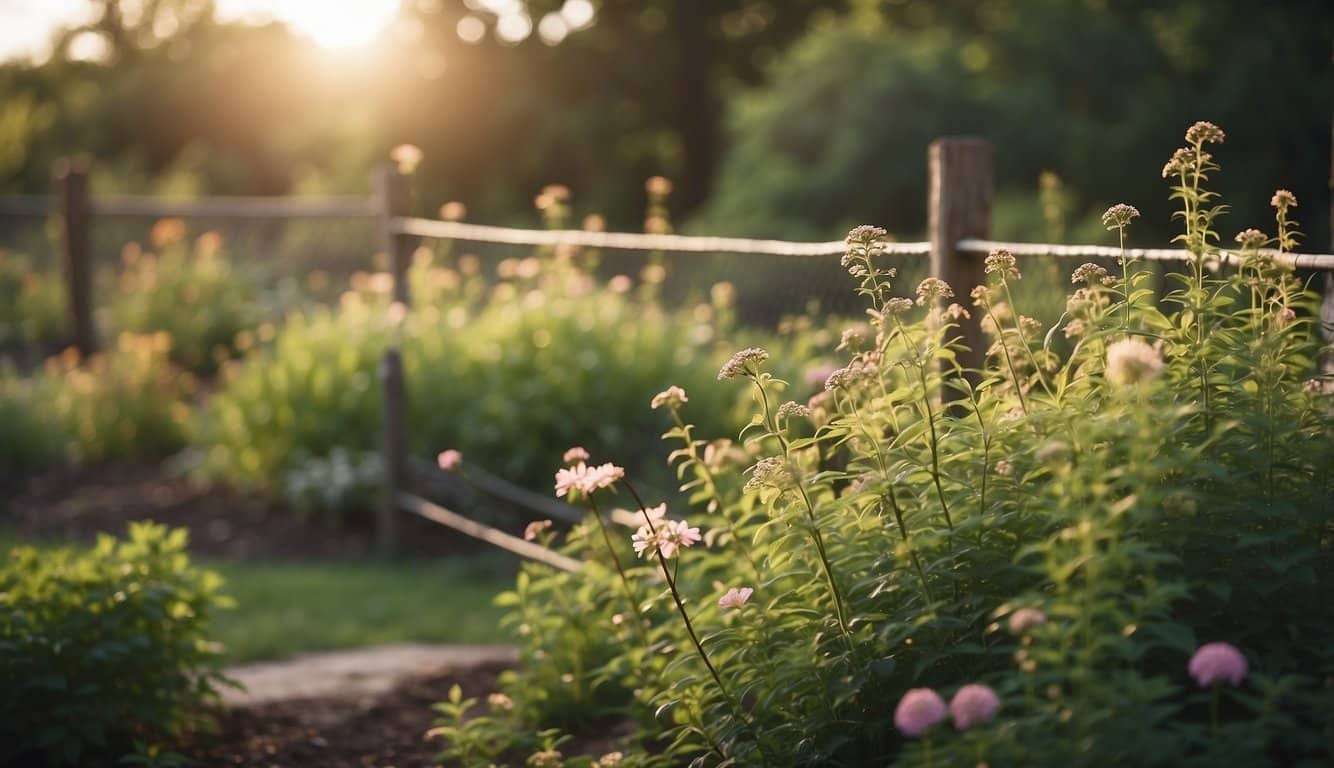 A garden in Illinois with native plants, surrounded by a fence or natural barrier to protect from local wildlife