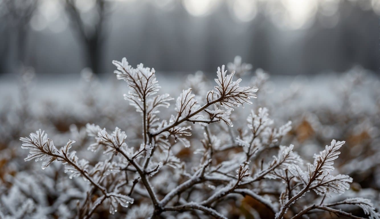 Snow covers the dormant garden beds. Leafless trees stand against a gray sky. Frost clings to the remaining plant life