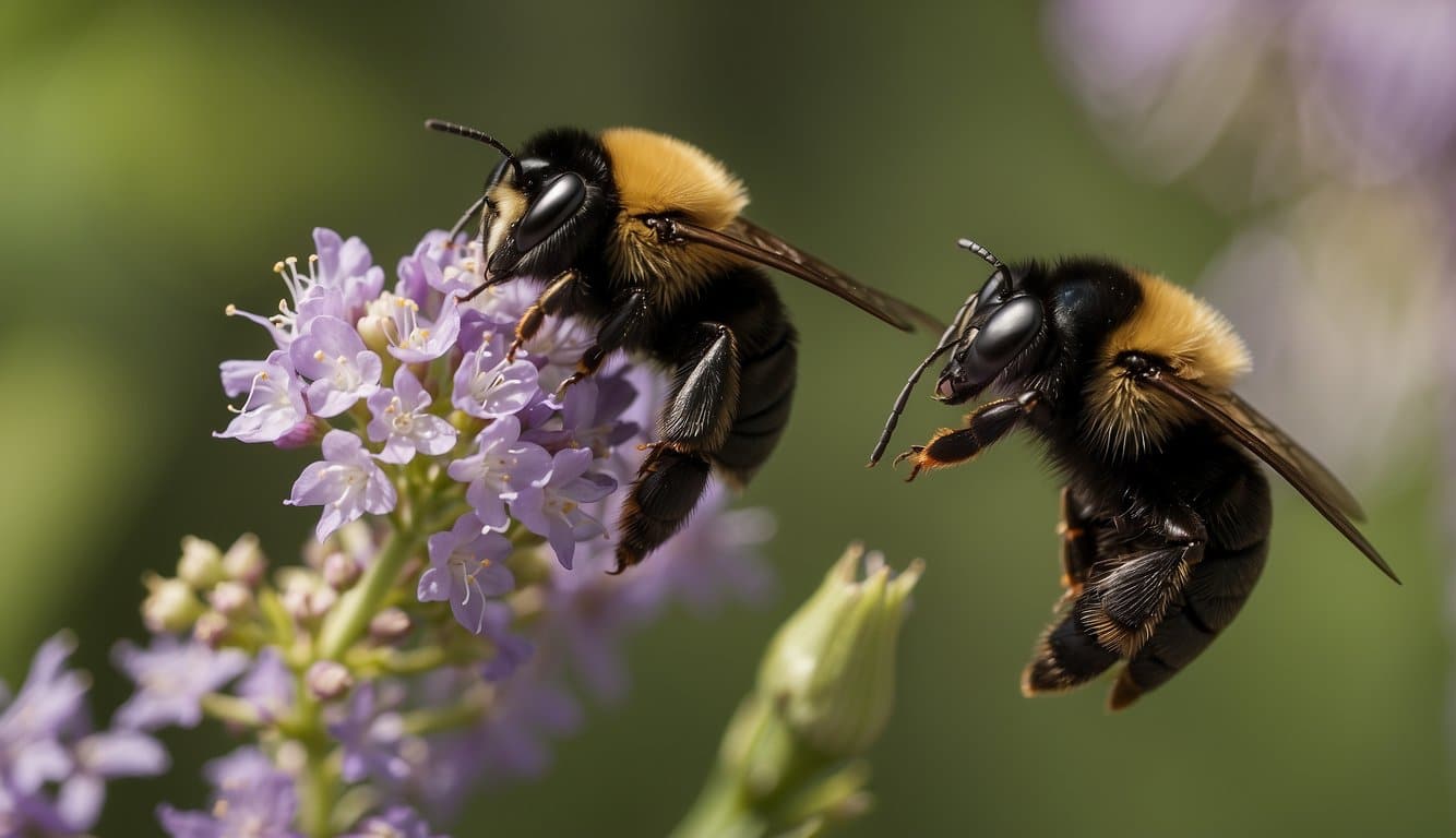Carpenter bees hover near flowers, collecting and transferring pollen as they feed