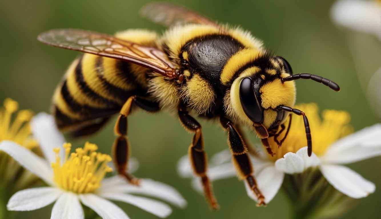 Yellow jackets pollinating flowers, collecting nectar and transferring pollen