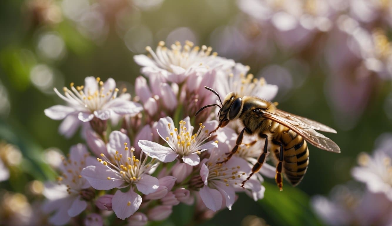 Hornets pollinate flowers in a garden, buzzing among the blossoms