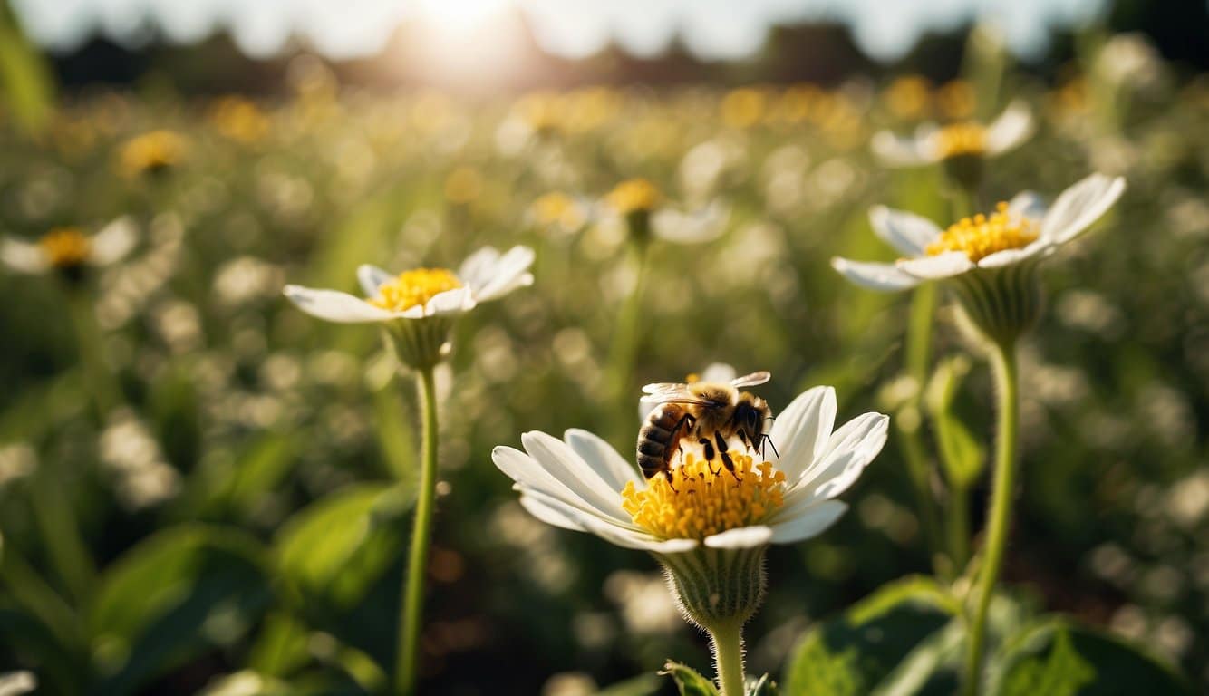 Bees buzzing around cucumber flowers, transferring pollen from one bloom to another, aiding in the pollination process