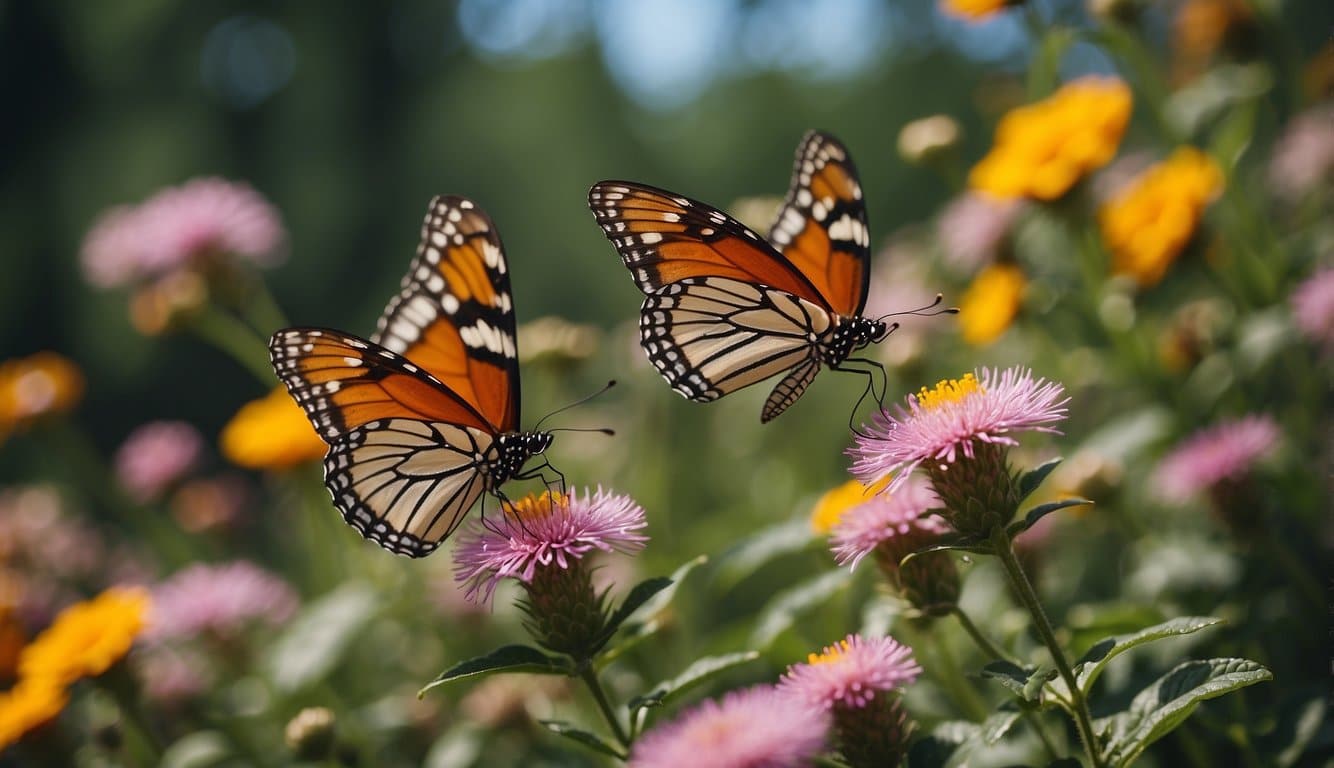 Colorful butterflies flutter among blooming flowers, transferring pollen as they feed