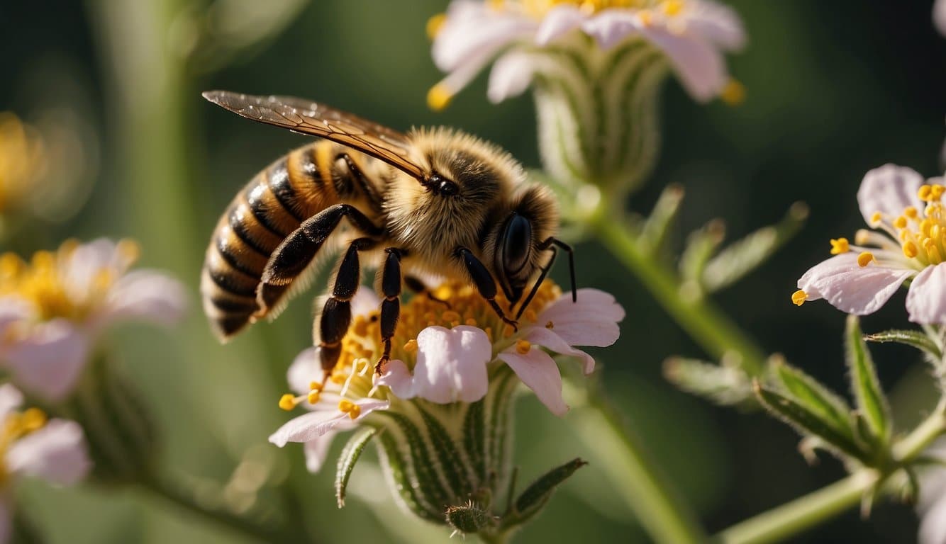 Bees buzzing around tomato flowers, transferring pollen from stamen to pistil