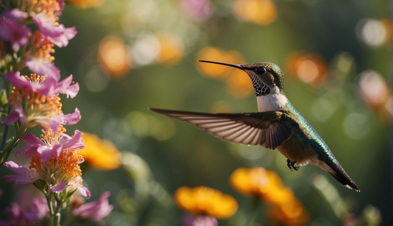 A vibrant garden filled with colorful flowers and buzzing hummingbirds darting from bloom to bloom, spreading pollen as they feed