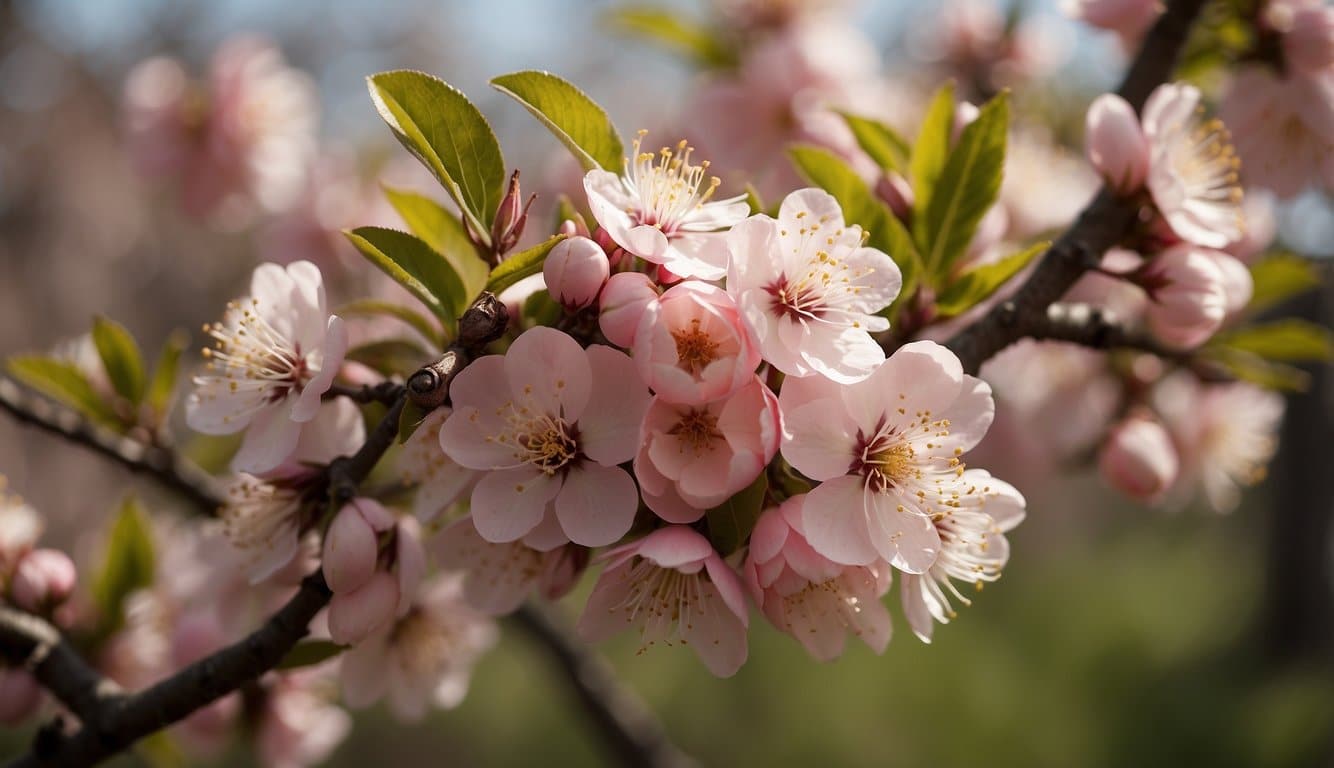 Peach trees bloom with delicate pink flowers, their branches swaying in the gentle breeze. Bees buzz around, transferring pollen from one flower to another, ensuring the trees' self-pollination