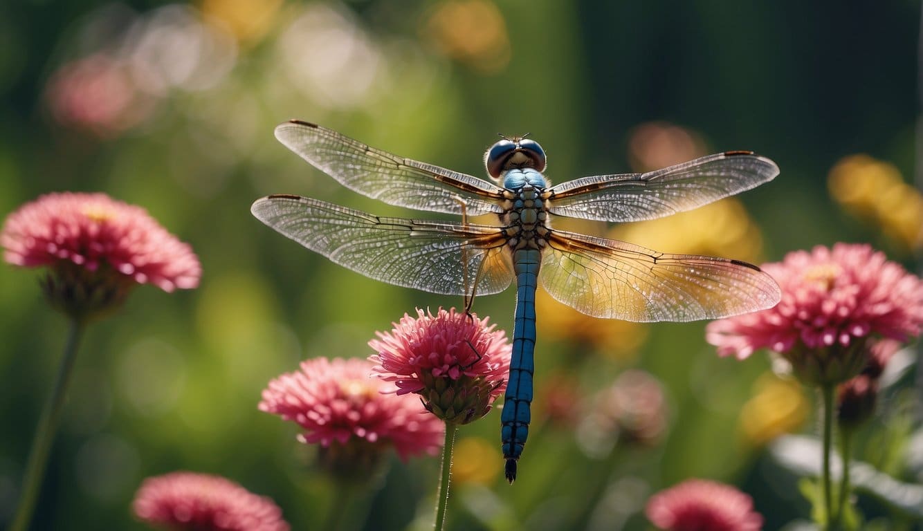 Dragonflies hover over vibrant flowers, transferring pollen as they flit from bloom to bloom in a lush garden