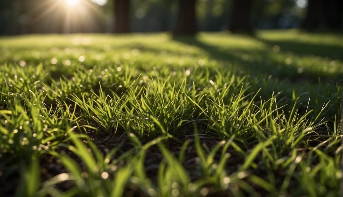 Lush green grass seeds being sown in a shady, low-light lawn. Sunlight filtering through the trees, casting dappled shadows on the ground