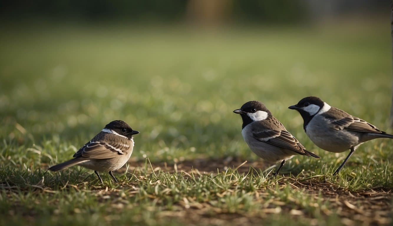 Birds deterred from eating grass seed by visual deterrents and physical barriers. Reflective objects and scare devices used in open grassy area