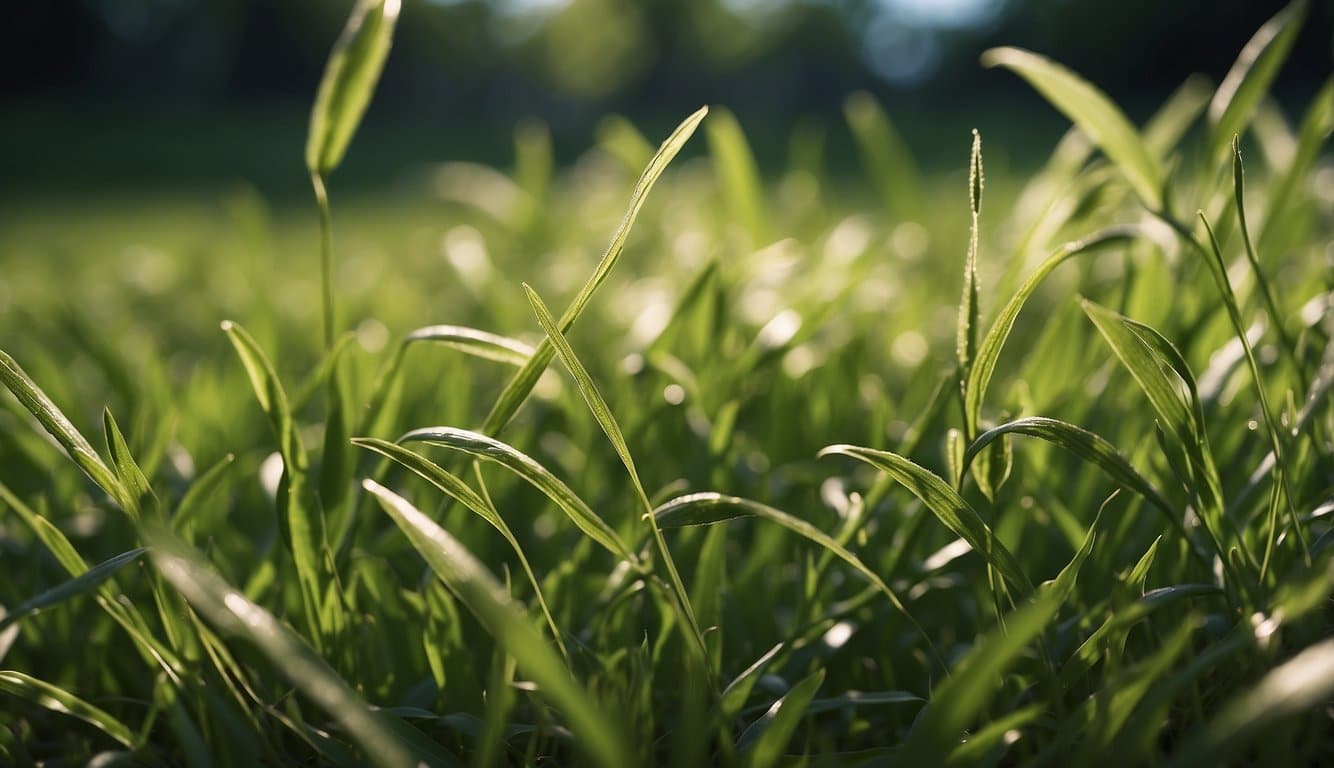 Lush green grass seed blends compete with single varieties. Pros and cons are weighed. Vibrant illustration captures the debate