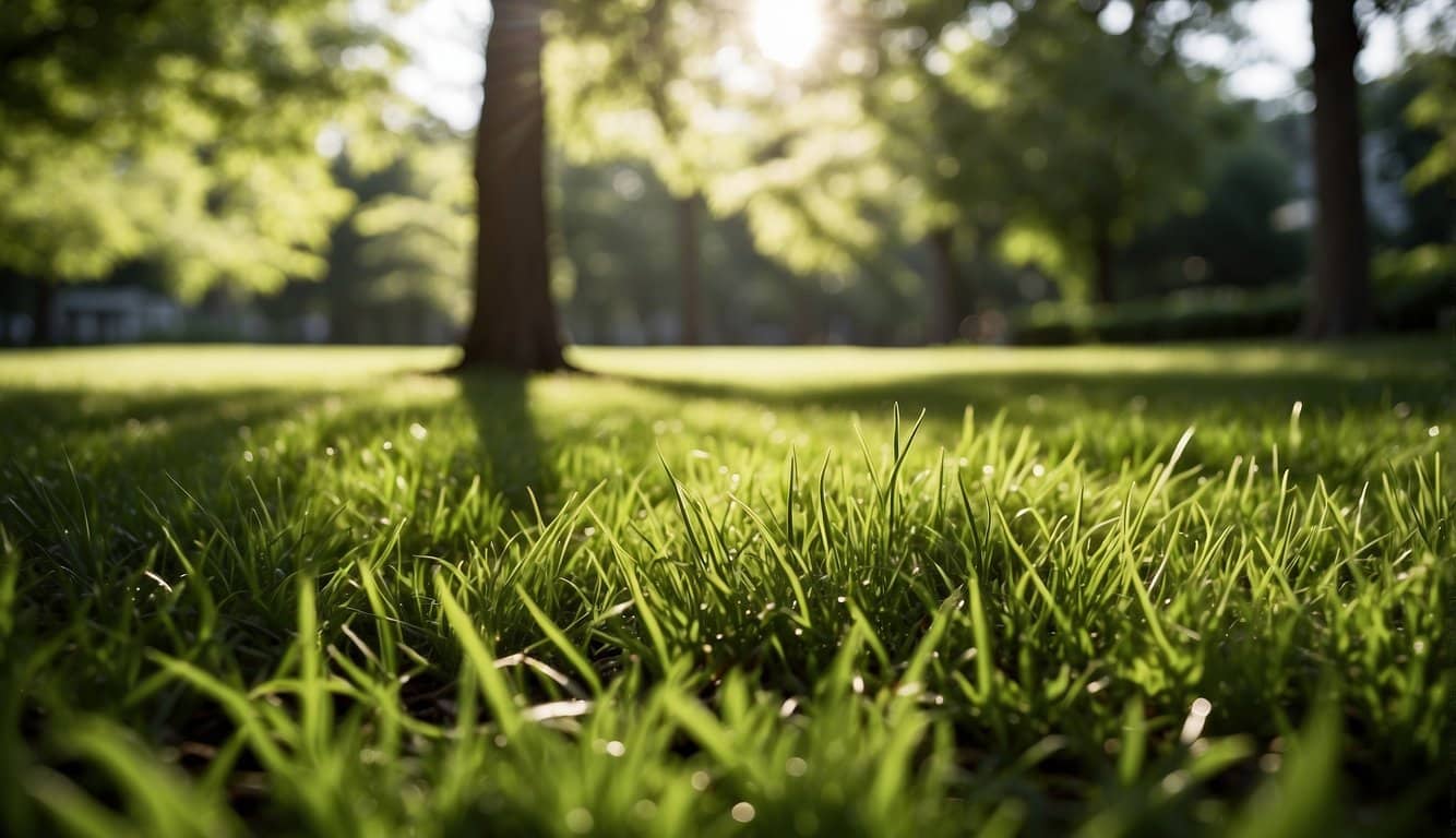 A lush, green lawn under the dappled light of a tree canopy, with patches of sunlight breaking through. Various species of shade-tolerant grasses blend seamlessly with those that thrive in full sun