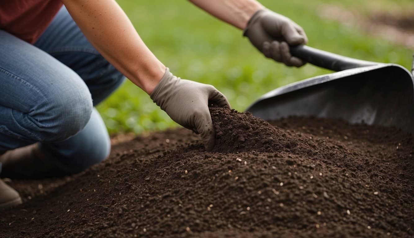 A person adding soil amendments to grass seed. Bags of compost, fertilizer, and mulch nearby. Shovel and gardening tools in the background