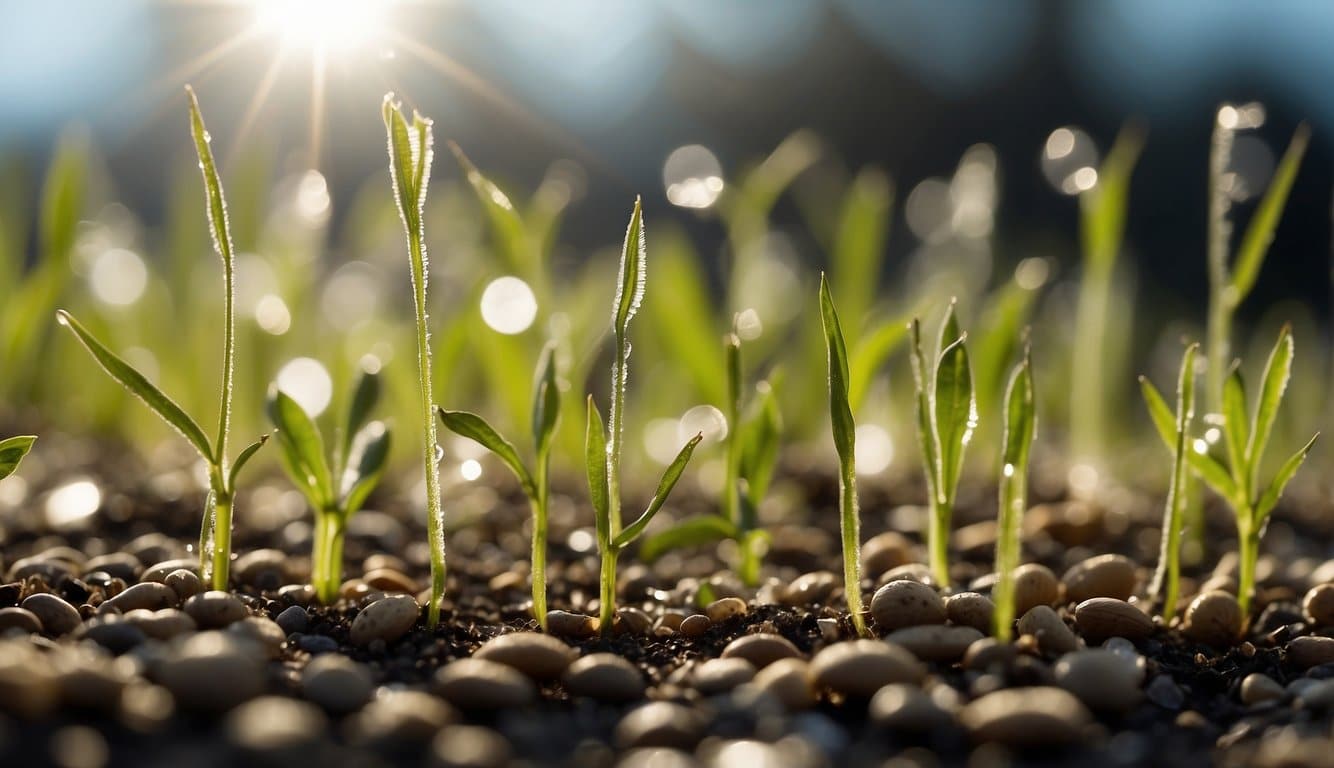 Seeds exposed to extreme temperatures and precipitation. Some seeds germinate, while others fail to sprout due to climate change