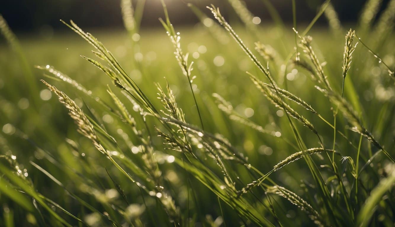 Lush green grass with scattered seeds. Pollen in the air. Sneezing, itchy eyes, and hives on skin. Allergy symptoms