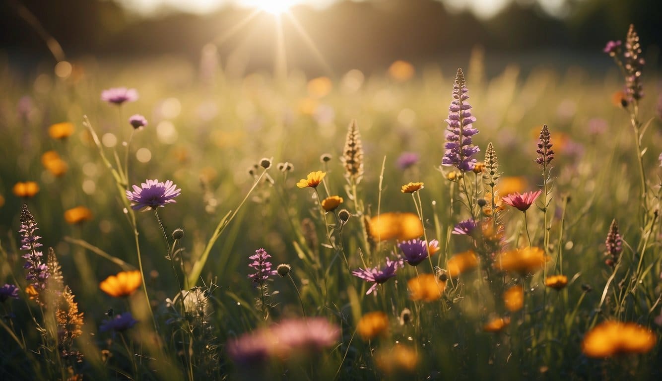 A vibrant wildflower meadow blooms with a variety of colorful flowers and tall grasses swaying in the breeze. The sun shines down, casting a warm glow over the peaceful scene