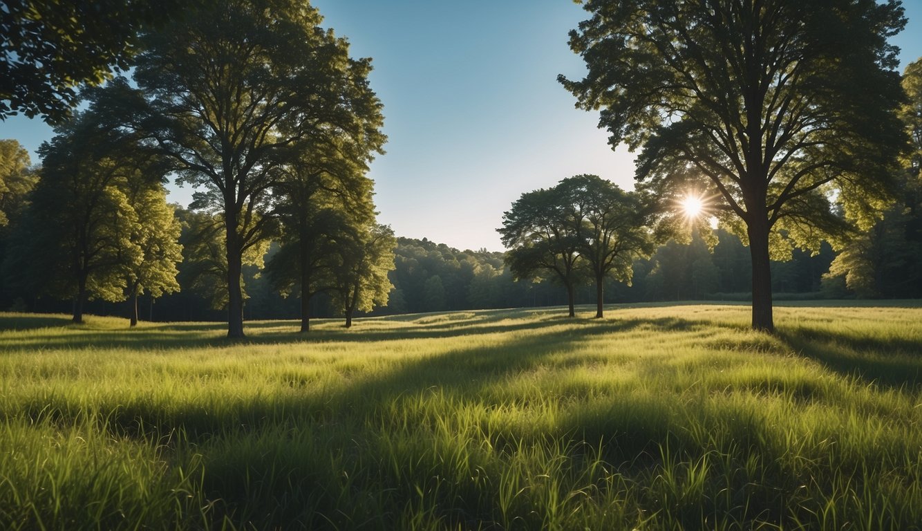 Lush green grass fields with rows of labeled trial plots, surrounded by tall trees and a clear blue sky overhead