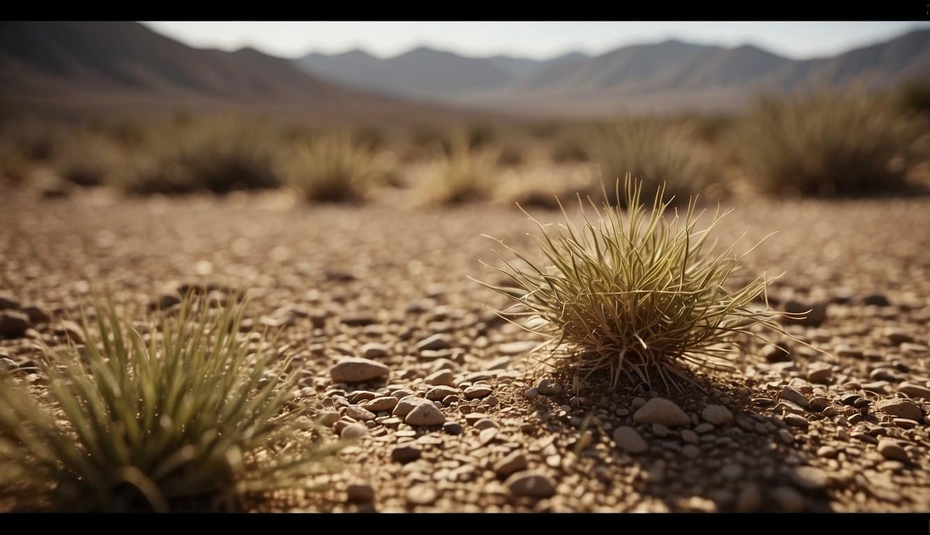 Arid region landscape with sparse vegetation. Harsh sunlight and dry soil. Grass seeds struggling to take root