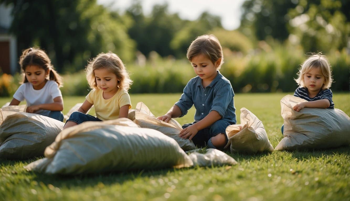 Children playing near grass seed bags, with caution signs and safety barriers. Illustrate proper storage and handling