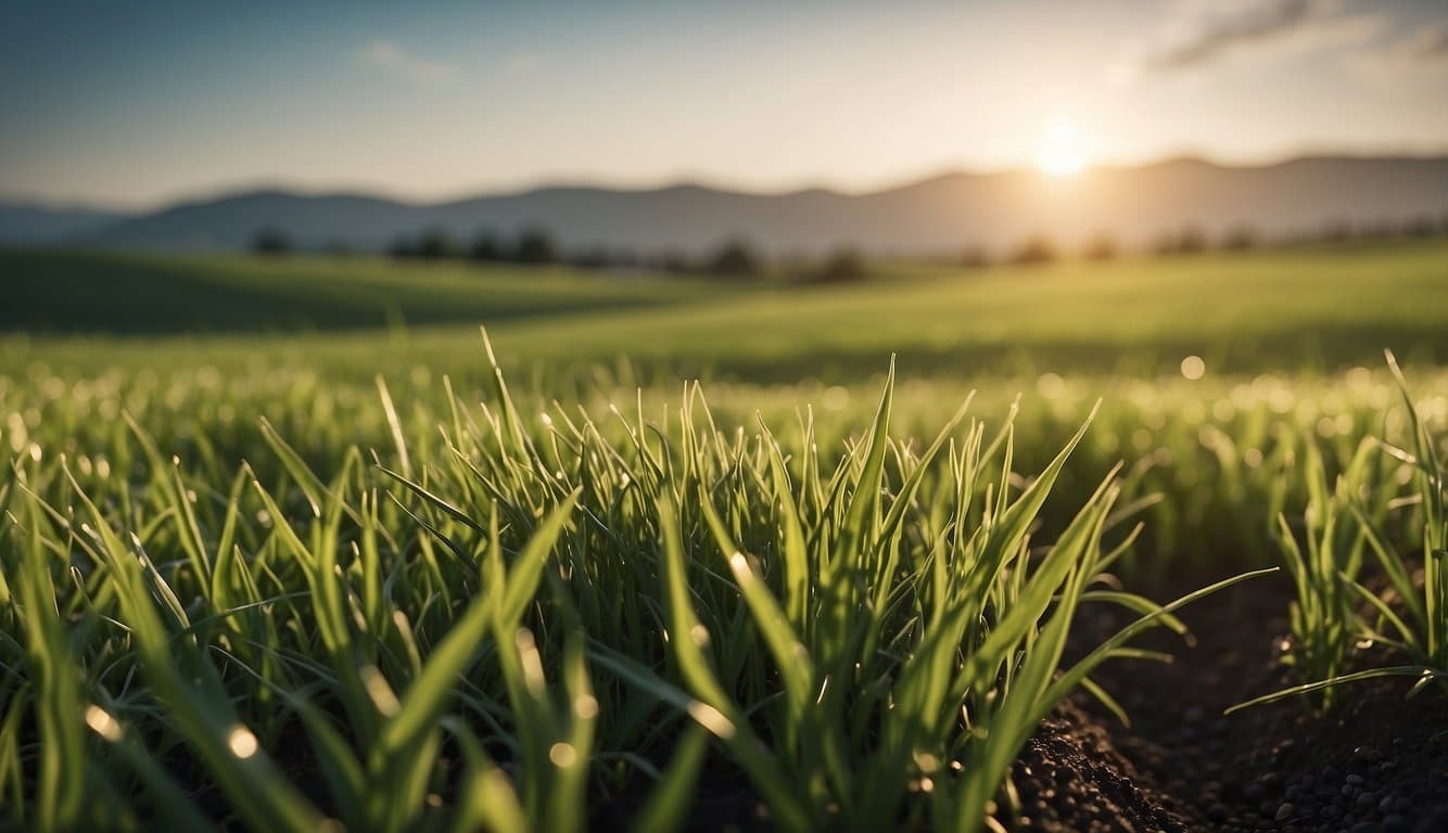 Lush green grass seeds scattered across a vast agricultural landscape, with rows of crops in the background