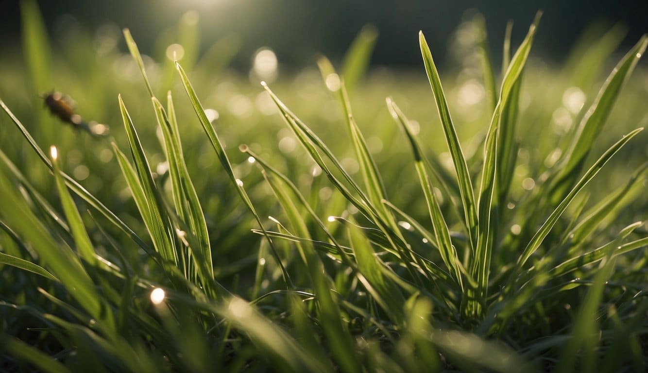 A lush grass seed lawn integrates with permaculture principles. Diverse plant species thrive, attracting beneficial insects