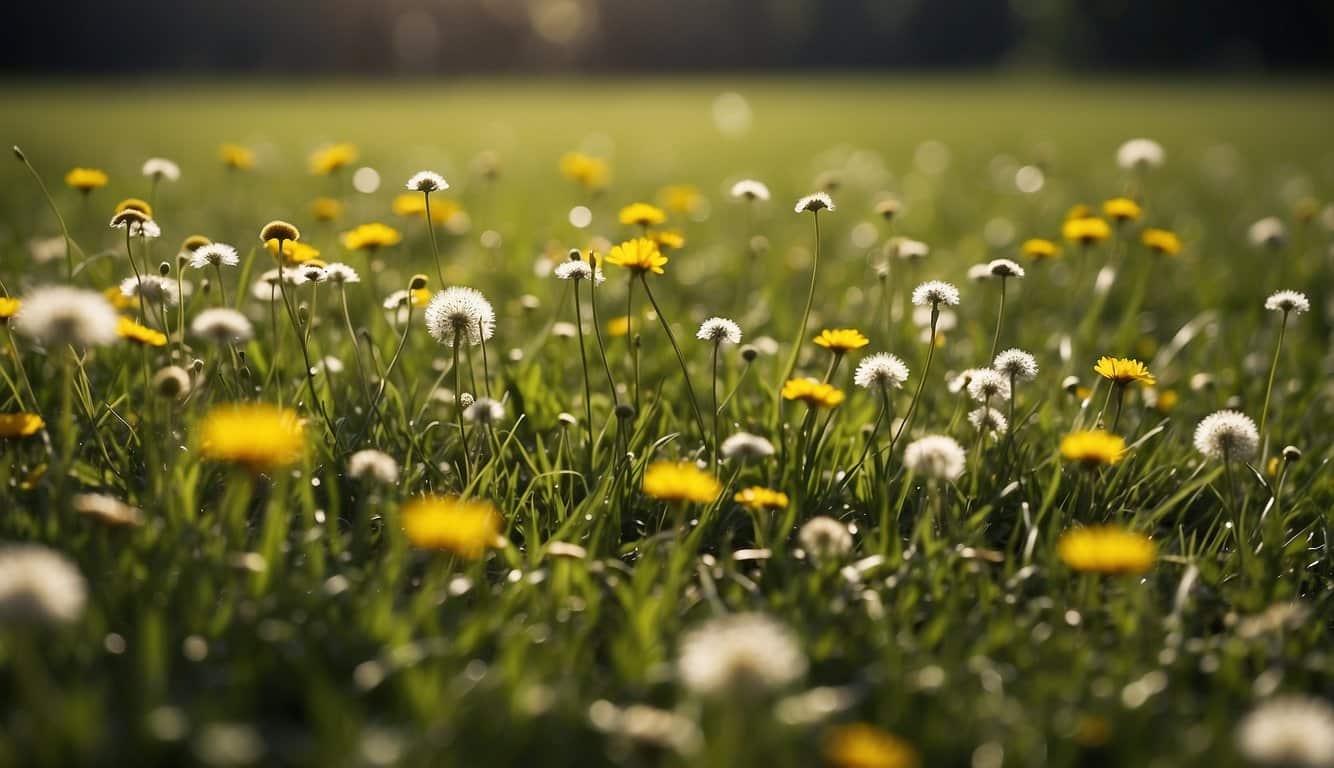 A lush green lawn with scattered patches of brown and yellow grass, a mix of clover and dandelions, and a few bare spots