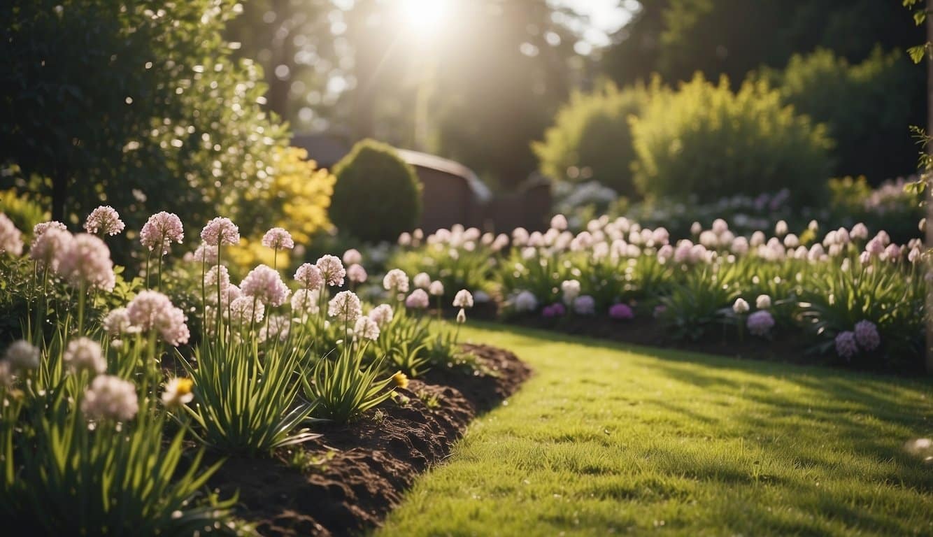 A garden with various spring-flowering bulbs in bloom, surrounded by trees and shrubs typical of the regional climate