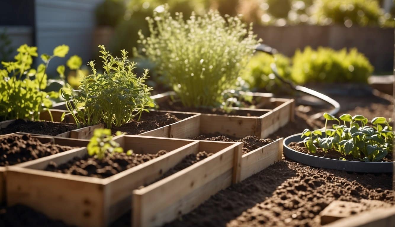 A sunny backyard with raised garden beds, a variety of seed packets, gardening tools, and fresh soil ready for planting