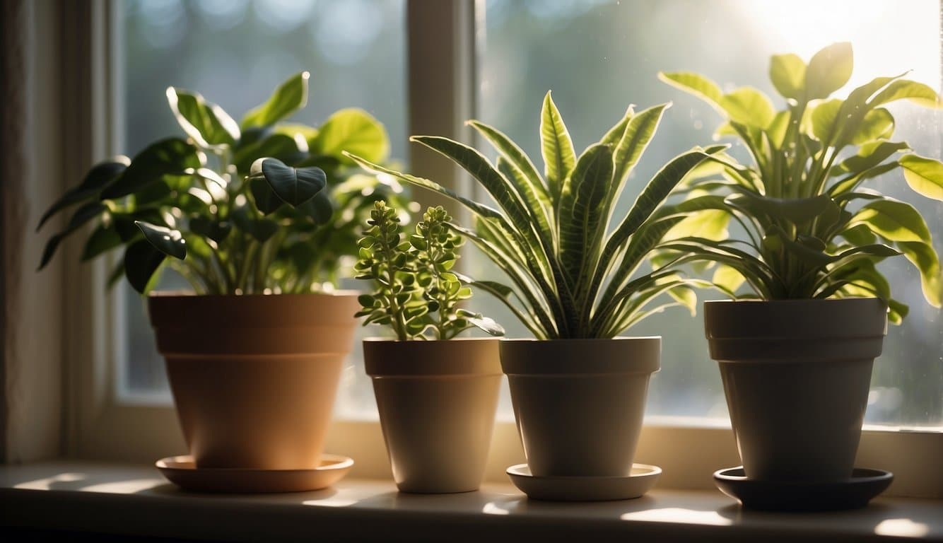 Houseplants sit on a windowsill, with sunlight streaming in. A thermometer shows a warm temperature, and an open window lets in a gentle breeze. The door to the outside is ajar, inviting the plants to transition outdoors