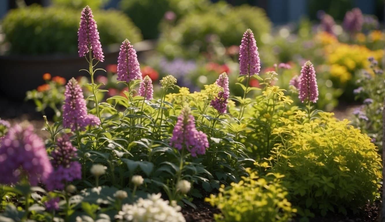 Lush garden bed with blooming perennials. Select plants show signs of overcrowding, perfect for division in spring