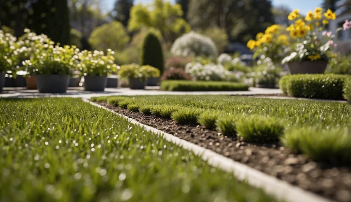 A sunny spring day with a lush green lawn being established. A comparison of seed and sod options, with clear labels and visual representations of each