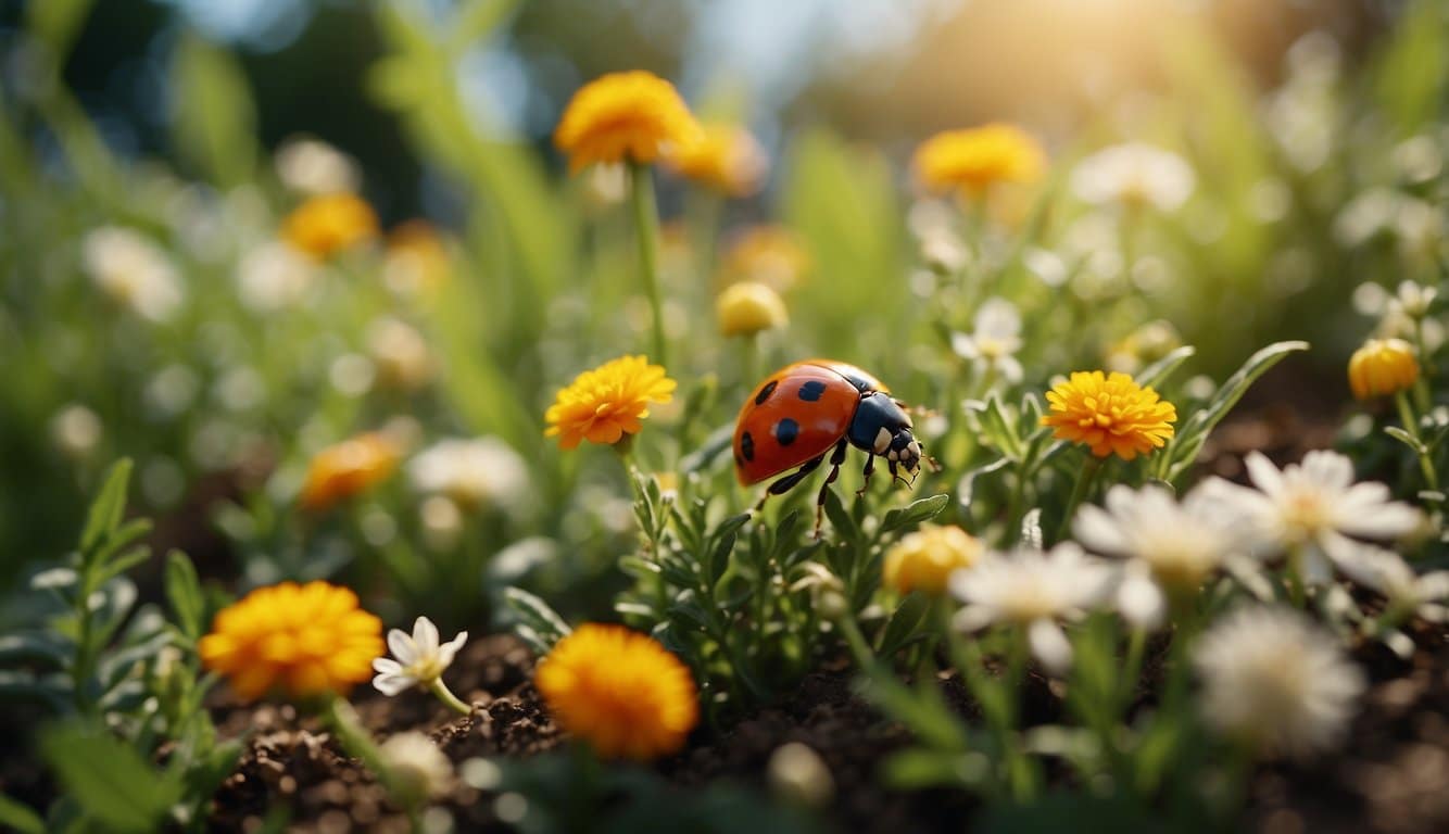 A garden with natural predators like ladybugs and birds, surrounded by plants with strong scents like marigolds and garlic to repel pests